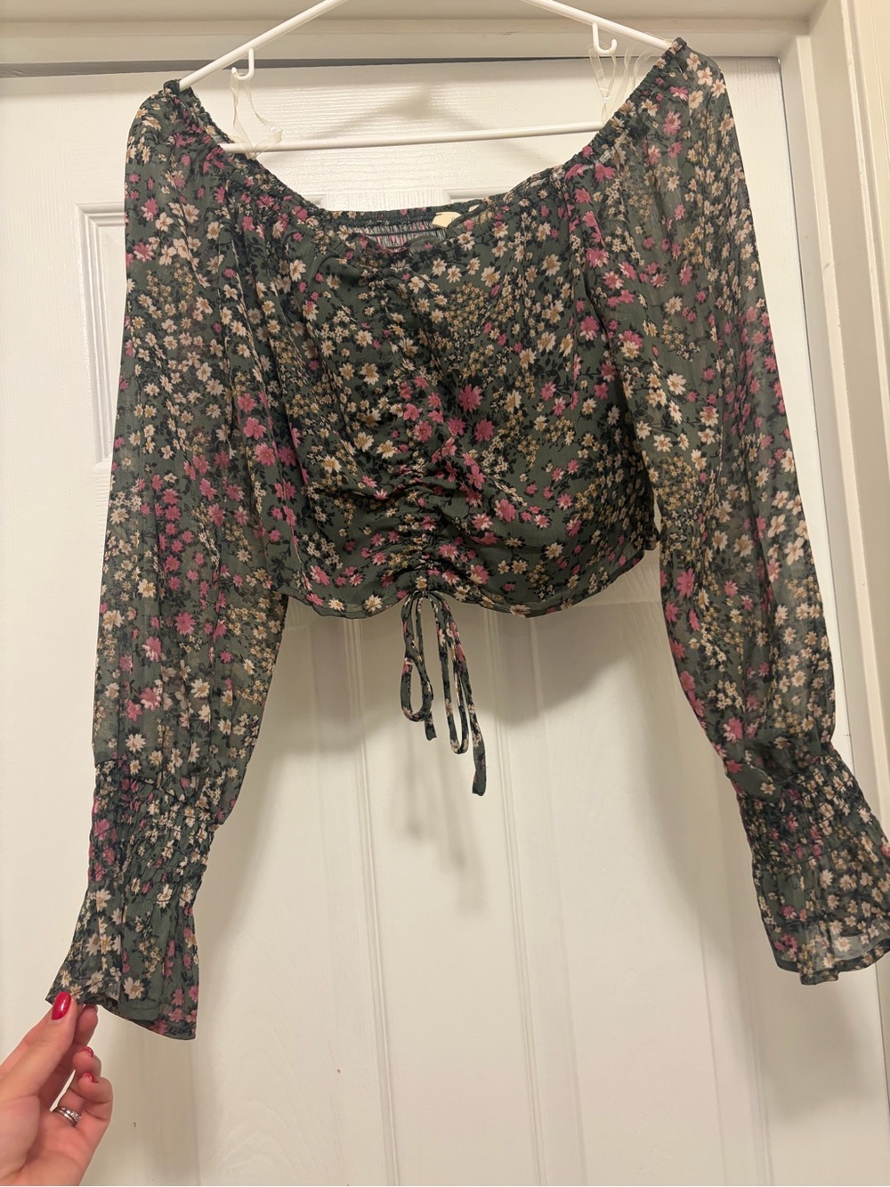 Floral Ruched Off-Shoulder Crop Top - Green/Pink